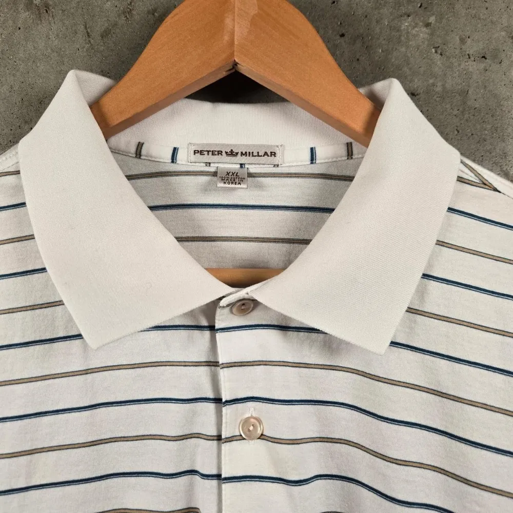 Peter Millar White Polo, Blue and Brown Stripe by Peter Millar, photographed by Sniffing Dog Vintage